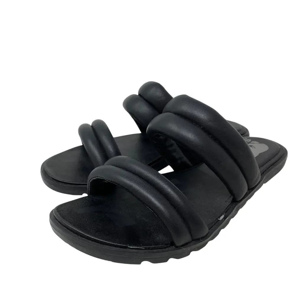 Sorel Ella II Puff Slide Sandal Womens Size 7.5 Black Leather Flat Slip On